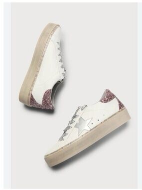Shu Shop Reba Pink Glitter Sneakers Platform Silver Star Distressed Shoes Sz 8.5